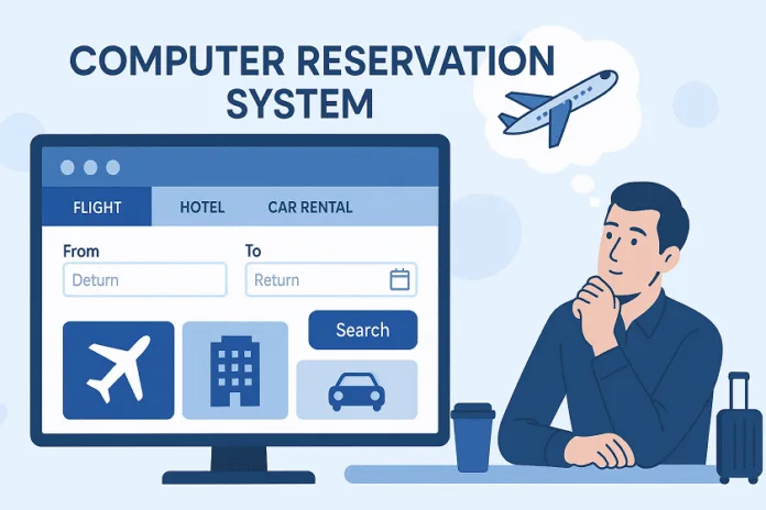 Illustration of a man sitting with a suitcase and thinking about flying, while looking at a computer screen displaying a travel booking interface labeled 