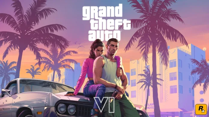 Promotional artwork for GTA 6 featuring two main characters leaning on a vintage white muscle car, with neon-lit buildings and palm trees in the background under a vibrant sunset sky; the iconic Grand Theft Auto VI logo is displayed above, evoking a Vice City-inspired atmosphere.
