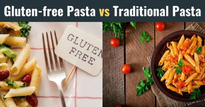 Split image comparing two types of pasta: on the left, a plate of gluten-free pasta with vegetables and a label that says 