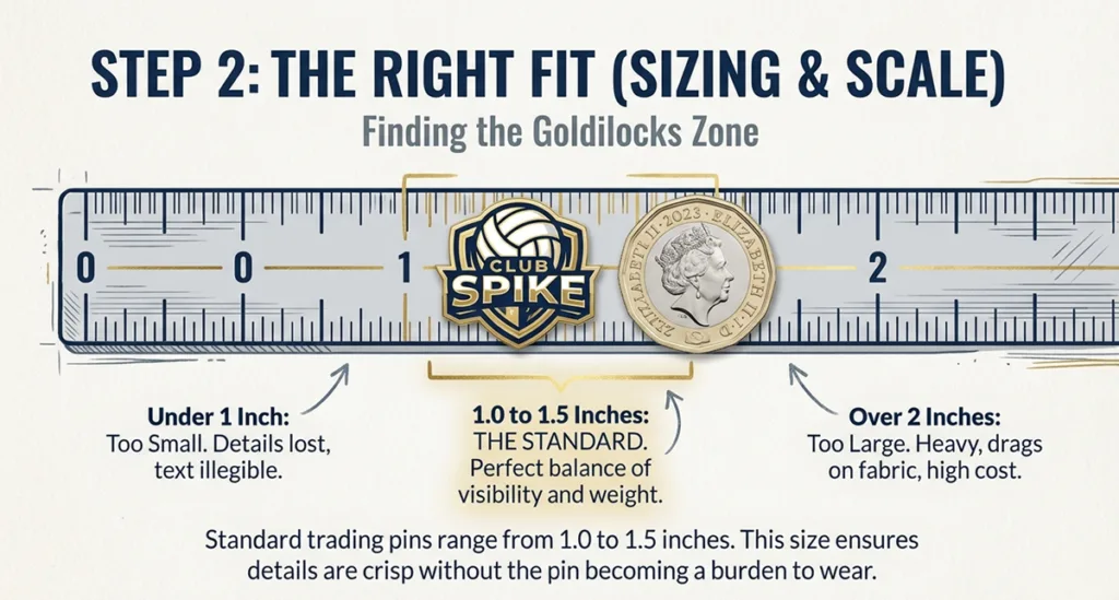 Selecting Sizes Sizing guide for optimal visibility of Custom Volleyball Pins.